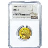 1908 $5 Gold Half Eagle NGC MS63