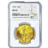 1924 $20 Gold Double Eagle NGC MS63