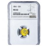 1861 Rare Gold Dollar NGC MS62