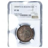 1894-PTS Bolivia Silver 50 Centavos NGC VF30