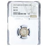 1917 Costa Rica Silver 10 Centavos NGC AU53