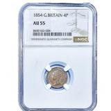 1854 Great Britian Silver 4 Pence Toned! NGC AU55
