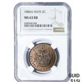 1886A Haiti Bronze 2 Centimes NGC MS63 RB