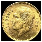 1920 Mexico Gold 5 Pesos GEM BU