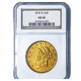 1874-CC $20 Gold Double Eagle NGC AU50