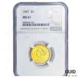 1907 $5 Gold Half Eagle NGC MS61