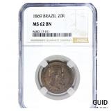 1869 Brazil Copper 20 Reis NGC MS62 BN