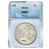1928 Silver Peace Dollar EMGC MS63