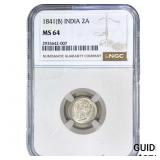 1841-(B) British India Silver 2 Annas NGC MS64