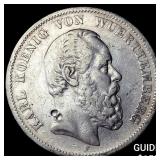 1876 Germany, Wurerttemberg Silver 5 Marks HIGH GR