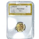1913-S Buffalo Nickel PGA MS64 Type 1