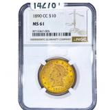 1890-CC $10 Gold Eagle NGC MS61