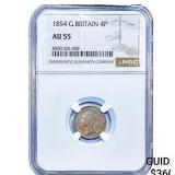 1854 Great Britian Silver 4 Pence Toned! NGC AU55