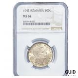1943 Romania Nickel 100 Lei NGC MS62