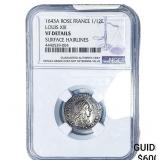 1643-A France Louis XIII Silver 1/12th Ecu NGC VF