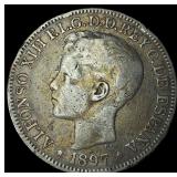 1897 Silver 1 Peso Spain-Philippines LIGHTLY  CIR