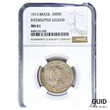1913 Brazil Silver 1000 Reis NGC MS61
