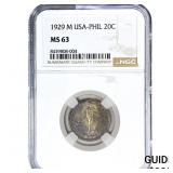 1929 US-Philippines SIlver 20 Centavos Toned! NGC