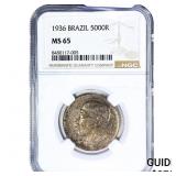 1936 Brazil Silver 5000 Reis Toned! NGC MS65