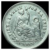 1866 Peru Silver Un Dinero Lima Mint CHOICE  AU