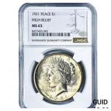 1921 Silver Peace Dollar NGC MS63 High Relief
