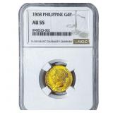 1868 Philippines Gold 4 Pesos .875oz AGW NGC AU55