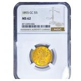 1893-CC $5 Gold Half Eagle NGC MS62