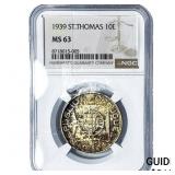 1939 St. Thomas Silver 10 Escudos Toned! NGC MS63