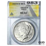 1923-D Silver Peace Dollar ANACS MS62 VAM-1