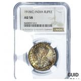 1918(C) British India Silver Rupee Toned! NGC AU58