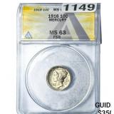 1916 Mercury Silver Dime ANACS MS63 FSB