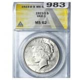 1923-D Silver Peace Dollar ANACS MS62 VAM-1