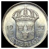 1927 Sweden Silver 25 Ore GEM BU