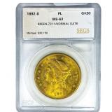 1892-S $20 Gold Double Eagle SEGS MS62 PL