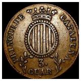 1837 Catalonia Copper 3 Quartos GEM BU