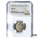 1899-PTS Bolivia Silver 20 Centavos Toned! NGC AU5