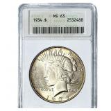 1934 Silver Peace Dollar ANACS MS63