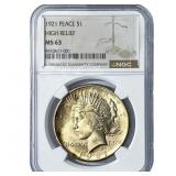 1921 Silver Peace Dollar NGC MS63 High Relief