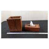 WOOD TRASHCAN AND TISSUE BOX