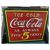 Coca-Cola Ice Cold 5 Cent Embossed Metal Sign