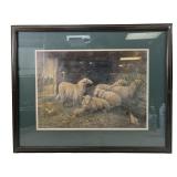 Antique Oil Panting Of Sheep In A Barn
