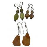 (3) Pairs Of Natural Stone & 925 Silver Earrings
