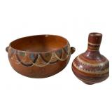(2) Pc Mexican Hand Made Pottery Bowl & Vase
