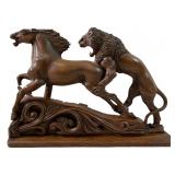 equestrian lion attack Wood Carved Sculpture
