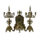 vintage three-piece gilt brass clock garniture set