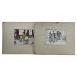 (2) L. PENTEK Oil & Pen Sketch On Paper