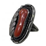 Navajo red coral Sterling Feather Ring