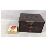 Antique Sewing Box w Needles, Buttons, Wooden