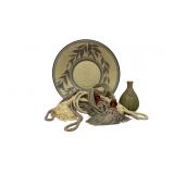 Signed Stoneware Centerpiece Bowl,Bud Vase,Tassels