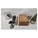 Vintage metal container, small tools, wooden b